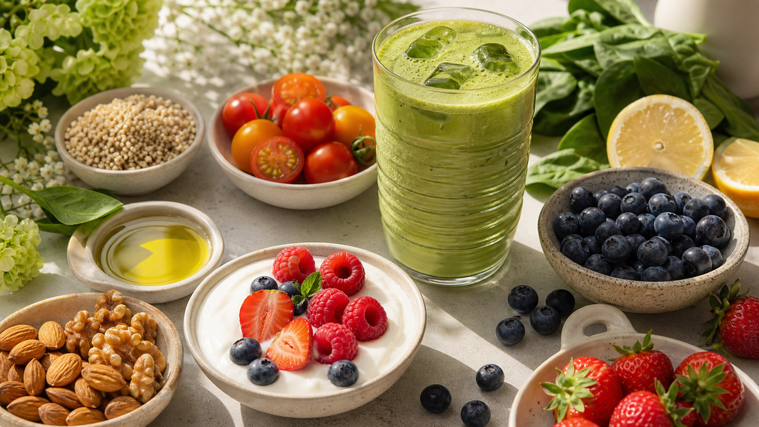 Colorful matcha and berry superfood still life for MOÉVE premium Pilates socks collection
